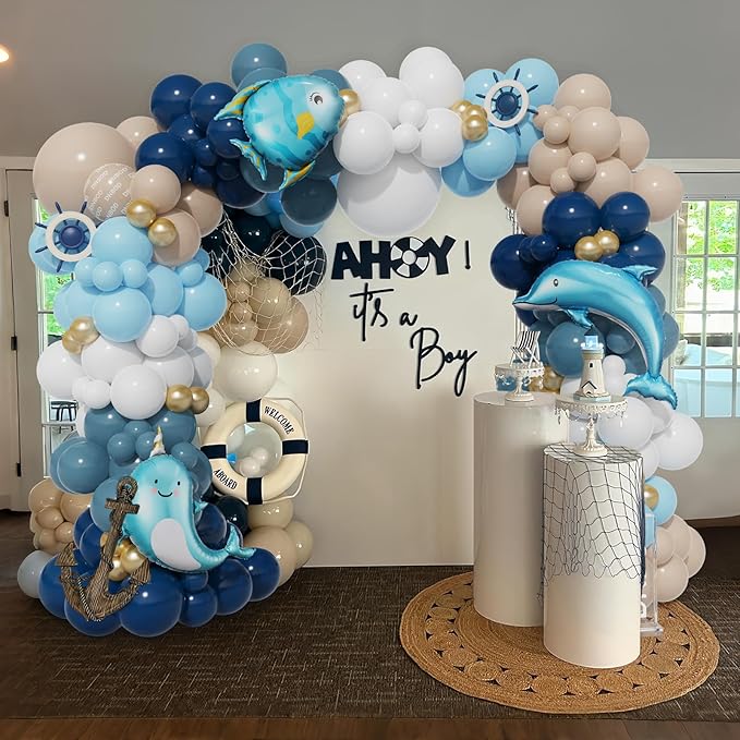Nautical Balloon Arch Kit,154Pcs Navy Blue Sand White Gold Balloon Garland with Tropical Fish,Whale,Dolphin Foil Balloons for Sea Sailing Nautical Baby Shower Ocean Animals Birthday Party Decorations