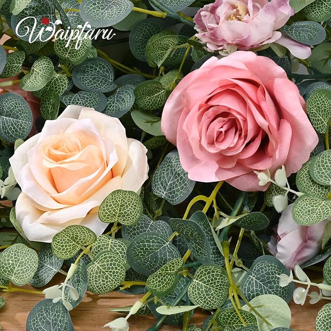 Waipfaru 8.85Ft Flower Garland, Eucalyptus Greenery Garland with Flowers, Pink Rose Floral Vines for Wedding Reception Table Mantle Room Spring Summer Decor (Pink)