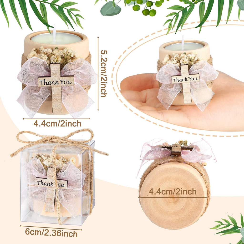 MTLEE 16 Pack Wooden Tealight Candle Holders Kit Guest Gifts for Wedding Baby Shower The First Communion Baptism Christening Housewarming Party Handmade Thank You Candle with Card Box Rope (Cute)