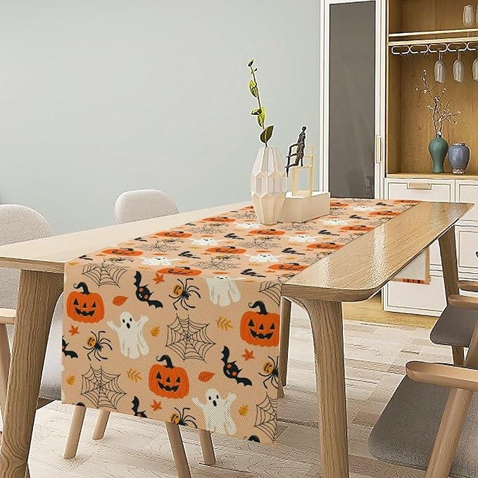 Halloween Table Runner,Cute Ghost Pumpkin Leaves Table Runner for Kitchen Dining Table Decoration Home Party Decor 13x120 Inch