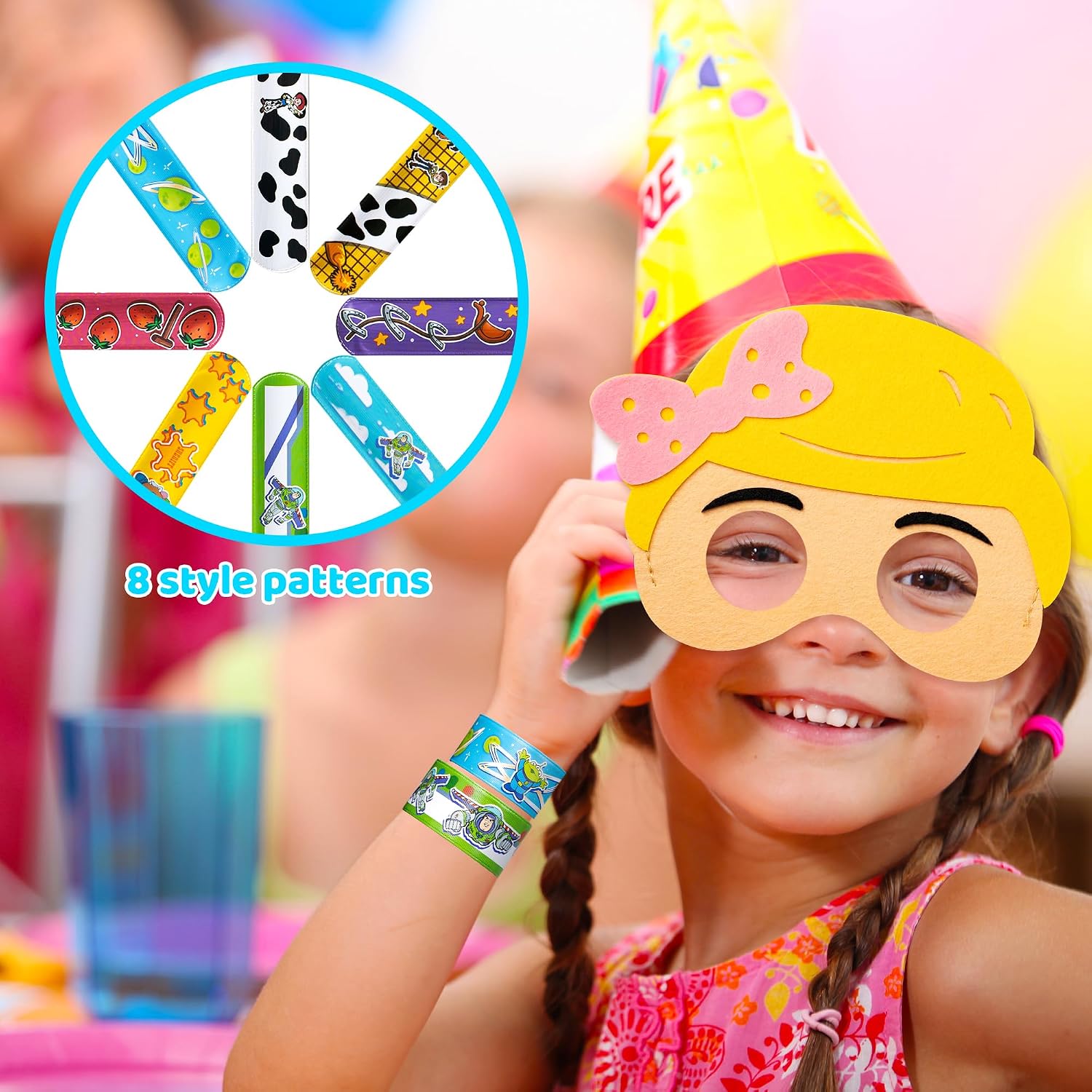 Toy Birthday Decorations,110Pcs Party Supplies,Include 10 Circles,10 Pattern Decorations,10 Key Chains,10 Masks,10 Gift Bags,10 Straws and 50 Stickers