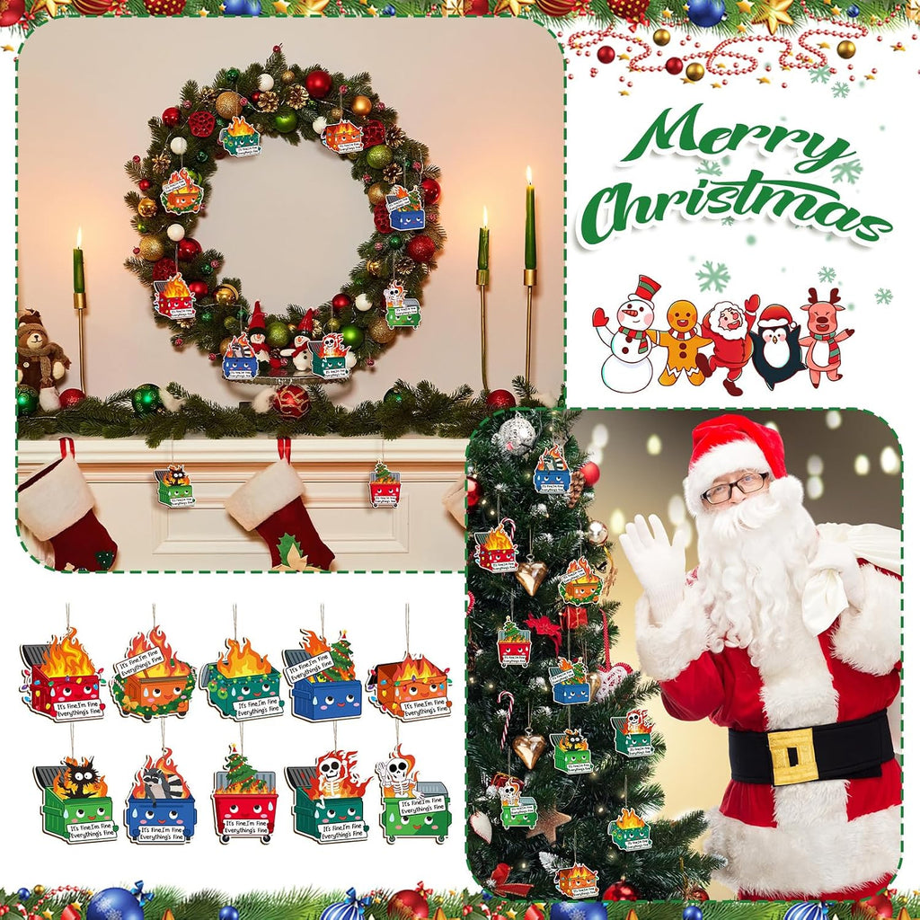 Syhood 50 Pcs Christmas Dumpster Fire Ornament Funny Christmas Tree Hanging Ornaments Bulk Everything is Fine Emotional Dumpster Fire Employee Appreciation Gifts for Team Coworker Nurse, 10 Styles