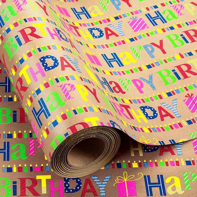 Yarcony Kraft Birthday Wrapping Paper Mini Roll, Gift Wrapping Paper, Heavyweight Brown Colorful Text Happy Birthday Gift Wrap Thick Paper for Present Packaging, Hioliday, All Age (17 Inch X 33 Feet)