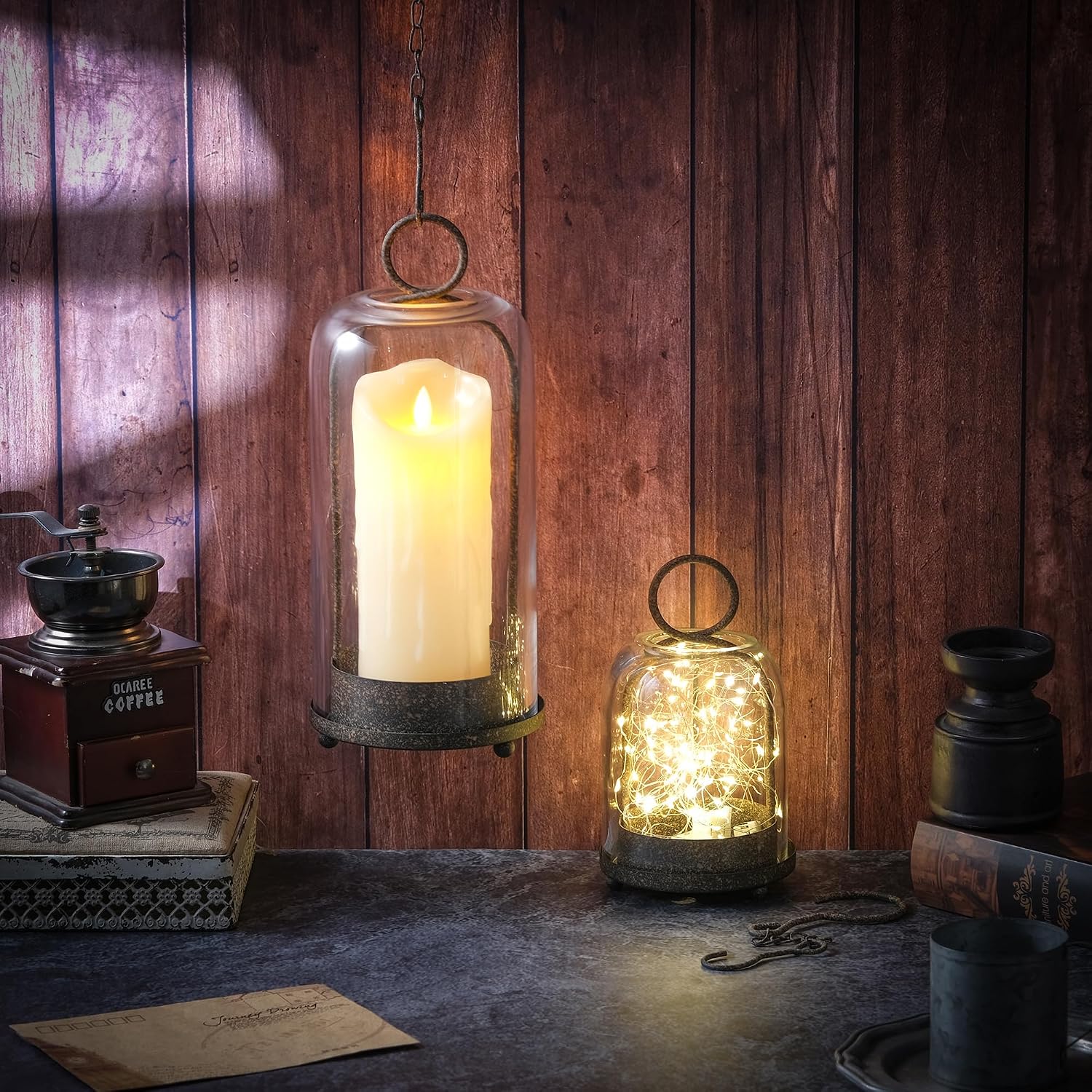 5" & 4" Wide Versatile Metal Candle Holder in Rustic Brown with Handmade Thick, Heavy & Sturdy Glass Dome for Pillar Candle, Industrial, Modern, Shelf, Mantel, Veranda, Porch