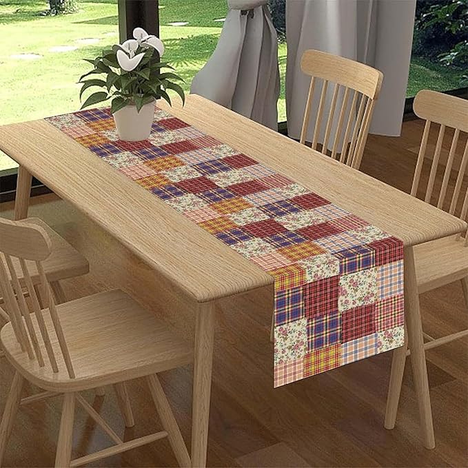 Patchwork Table Runner, Boho Vintage Floral Checkered Plaid Bohemian Paisley Flower Farmhouse Table Center Decor for Home Kitchen Dining Patio Holiday Party Indoor Table Decorations, 13"x108" Inch