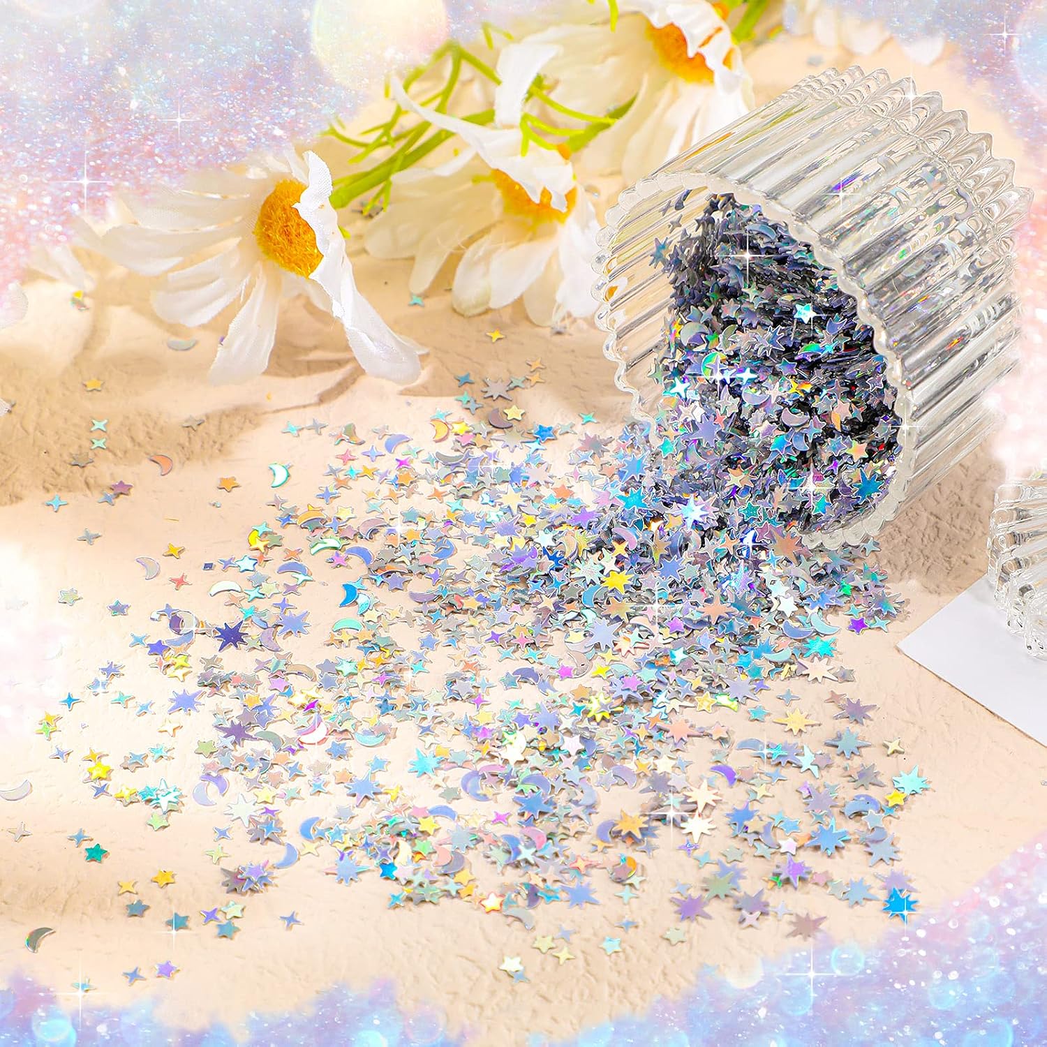 Skylety 60 G/ 2.1 oz Holographic Star Moon Glitter Fairy Confetti Sequin Galaxy Iridescent Metallic Glitter Foil Confetti Sequin Scatter for Valentines Wedding Party DIY(10 mm, 6 mm,Silver)