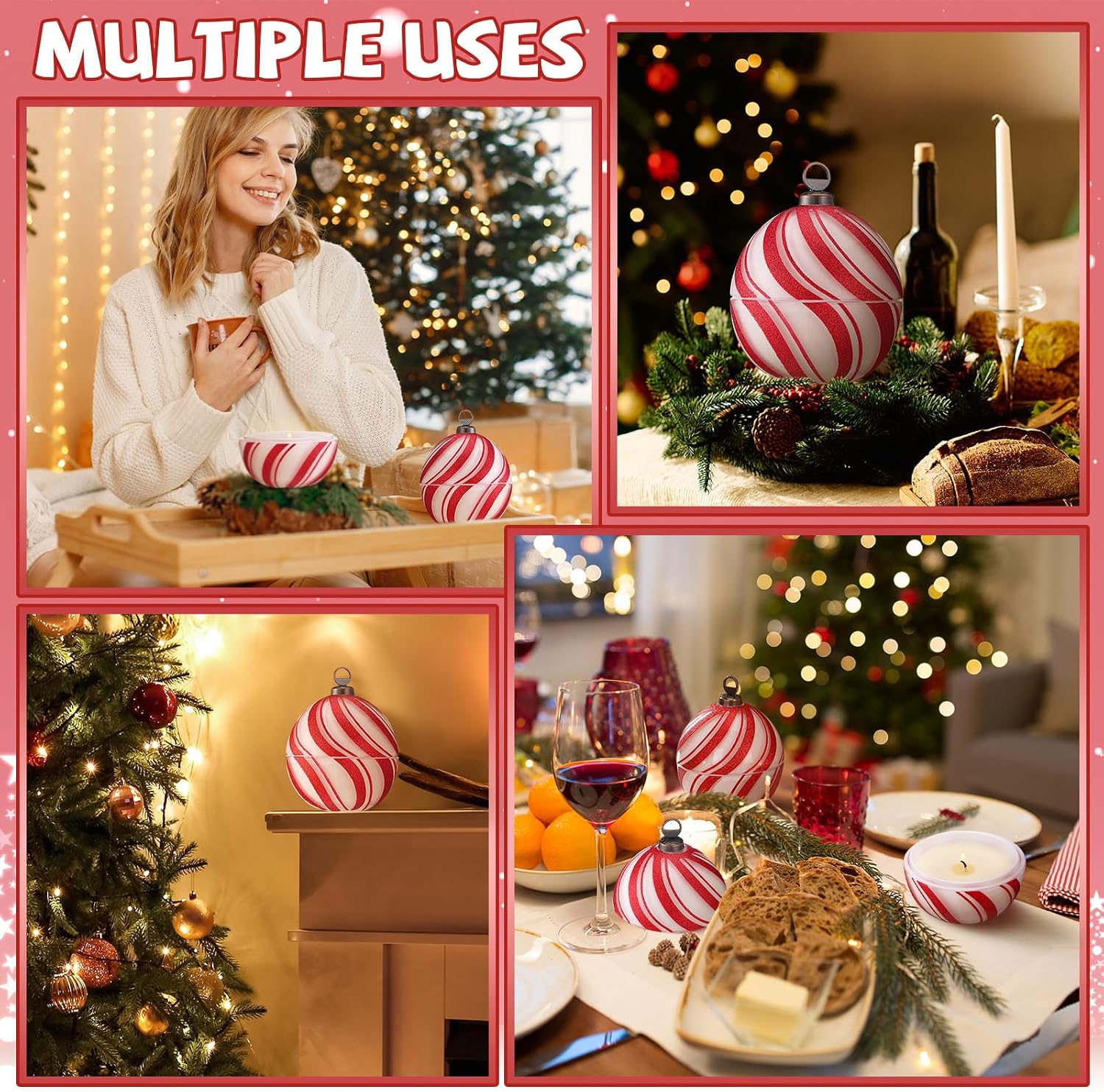 Conelist 2 Pcs Candy Christmas Ball Candles 3.9 Inch Red and White Christmas Ornament Candle Decor Cinnamon Scented Mercury Glass Xmas Table Decorations for Holiday Party Gifts