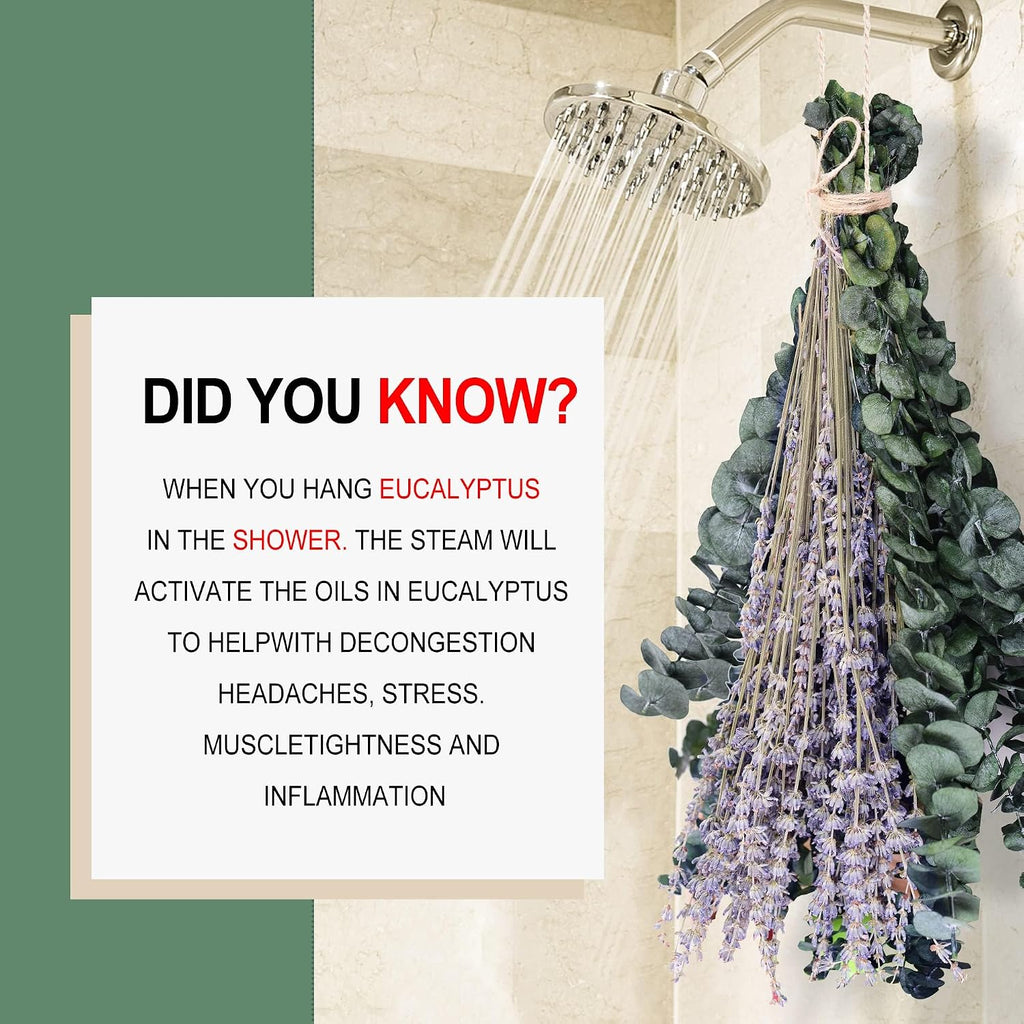 115 Pcs Eucalyptus Stems & Lavenders Flowers Bundles for Shower, 17'' Upgrade Hanging Shower Plant, Natural Real Eucalyptus Leaves Lavenders Stems with Chrysanthemums, Fragrant Bathroom Decor
