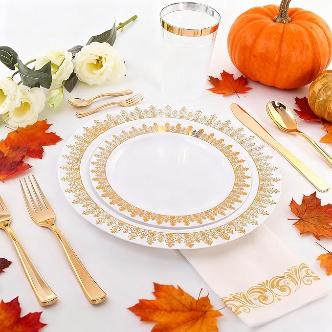 WDF 120 Pieces Gold Plastic Silverware - Disposable Flatware Set - Heavy Duty Thanksgiving Plastic Cutlery - Silverware Includes 40 Forks, 40 Spoons, 40 Knives