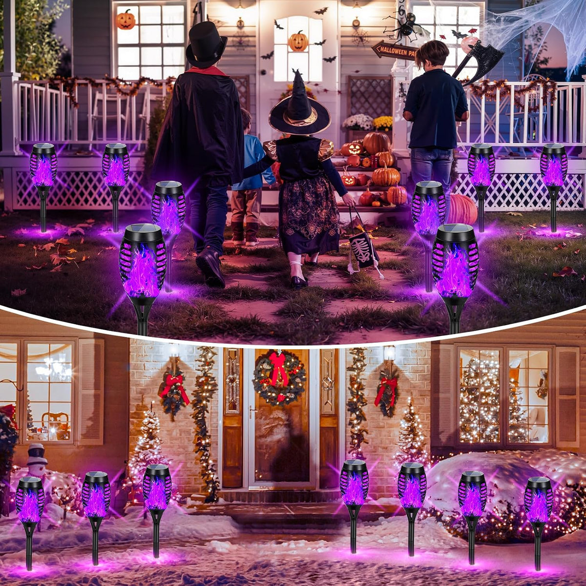 Purple Halloween Solar Lights Outdoor with Flickering Flame, 10 Pack