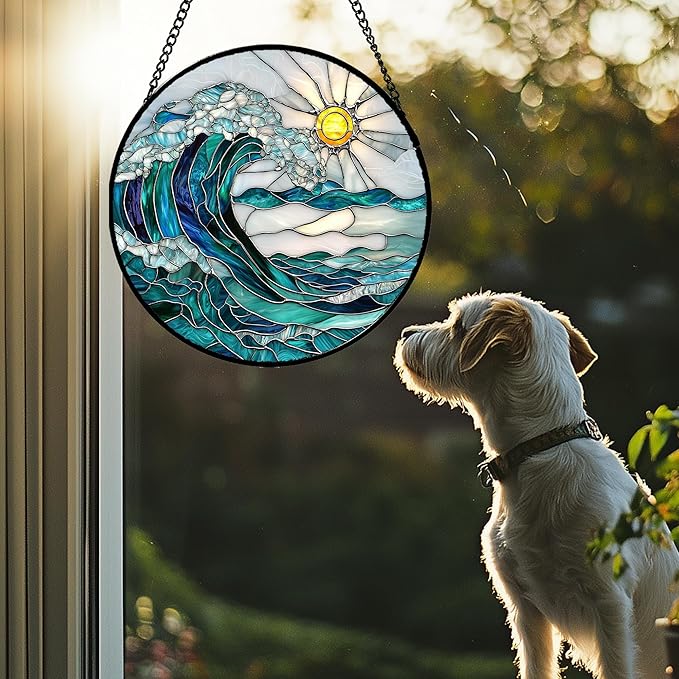 Stained Glass Window Hanging - Blue Green Waves Suncatcher for Door Terrace Garden Home Decor Sunrise Over The Sea Sun Catcher Birthday Gifts for Lovers Women Men Dad Mom Nana 11.8 in
