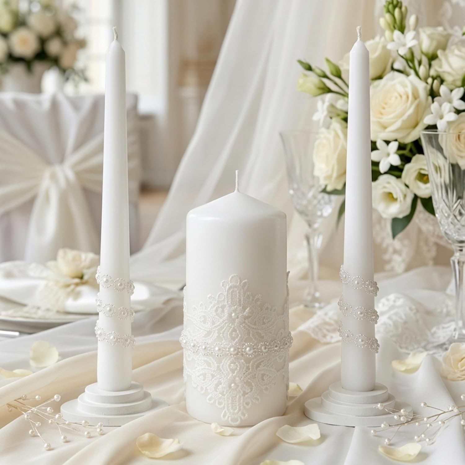 Unity Candle Set - Wedding Ceremony & Reception – 6” Pillar & Two 10” Taper Candles – Long Burning Unity Candles for Marriage Ritual – Handmade in USA – White | Lace