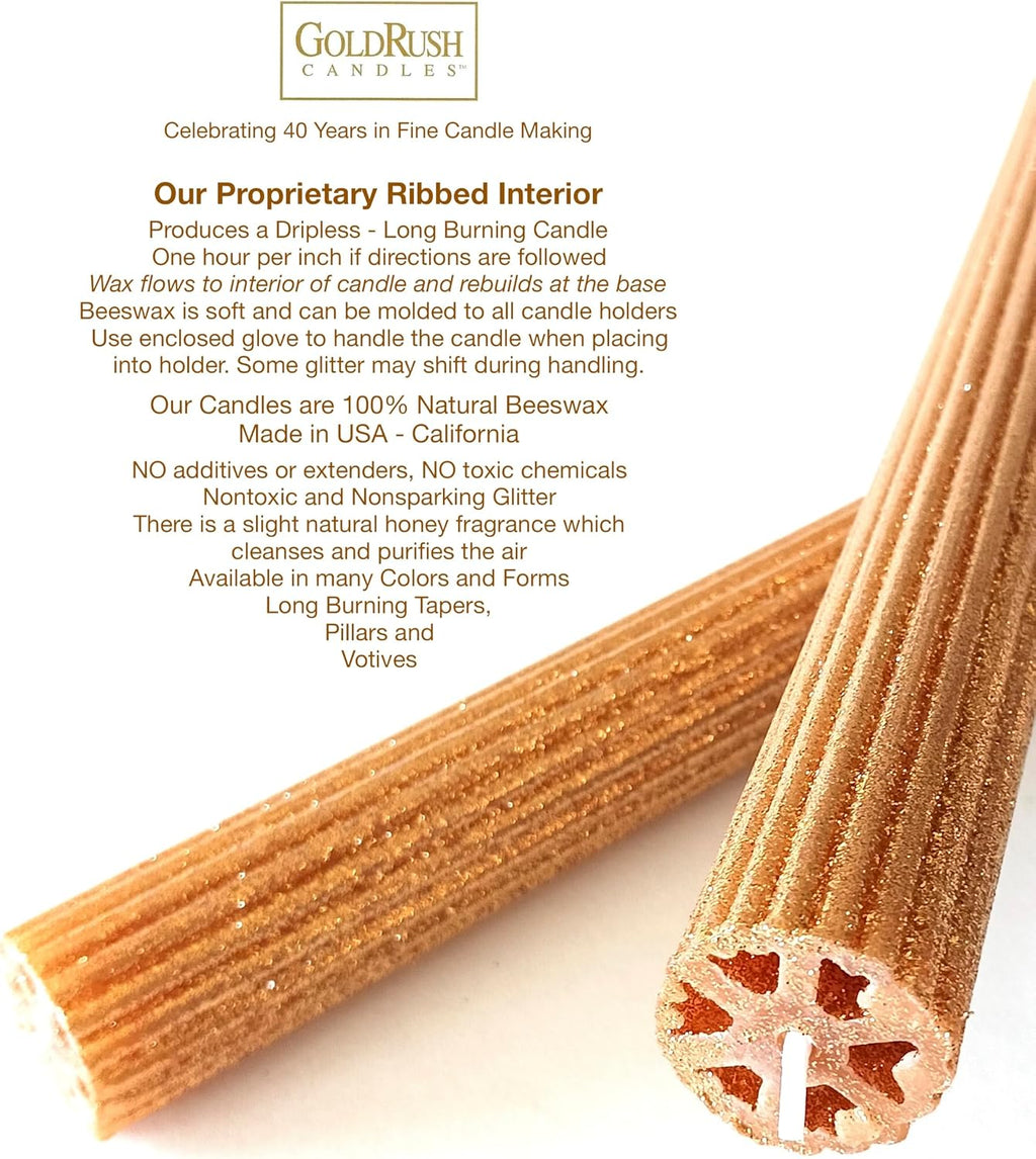 Gold Rush 12 Inch Natural Beeswax Glitter Taper Candles, Gold Color, Boxed Set of 2, Non-Sparking, Non-Toxic, Dripless, Hand Made in California