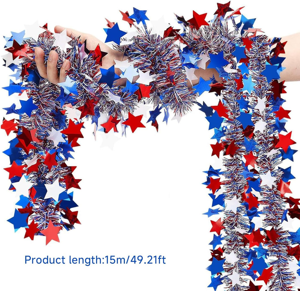 50Ft Metallic Glitter Stars 4th of July Garland Decorations,USA 250th Anniversary Patriotic Independence Memorial Day Decor for Tree Mantle Yard Door Parade Car Table Indoor Outdoor Holiday Party