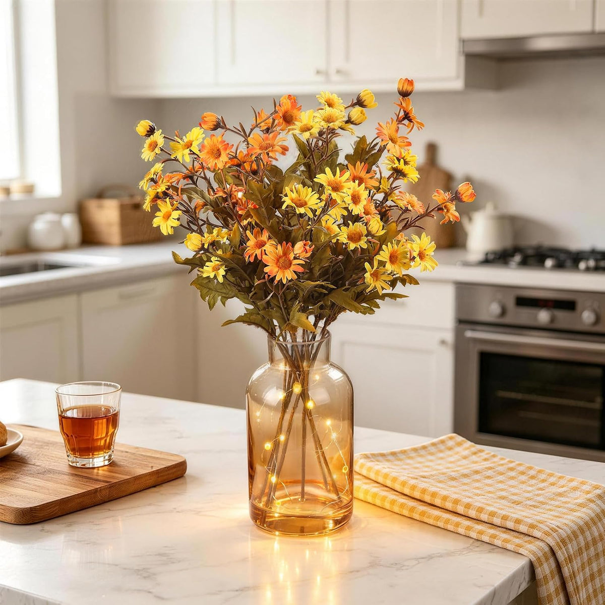 artificial daisy flowers fall flowers in amber glass showing dimensions