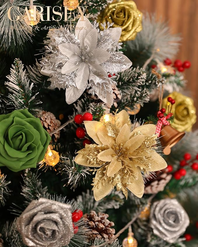 Christmas Artificial Flowers Poinsettia Flower Mix Silk Flowers Fake Roses with Stems for DIY Table Centerpieces Christmas Tree Xmas Wreath Holiday Home Party Decor