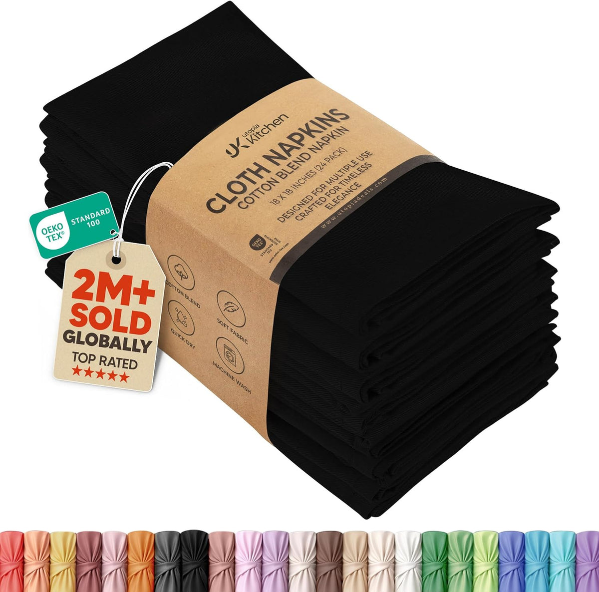 Utopia Kitchen Cotton Blend Black Cloth Napkins [24 Pack, 18x18 Inch]