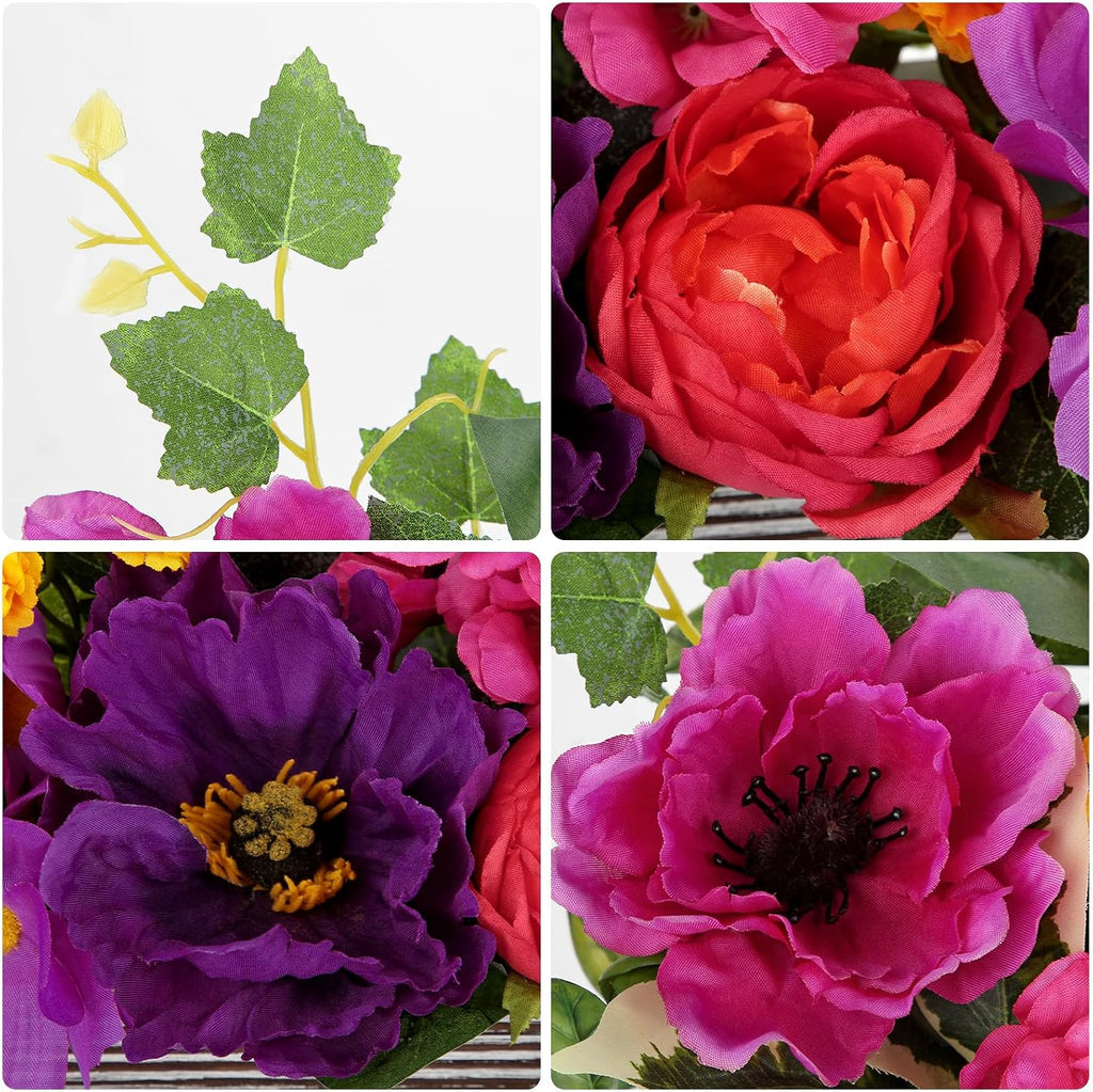 dilatata flower arrangement with wooden vase 10" artificial, close-up detail