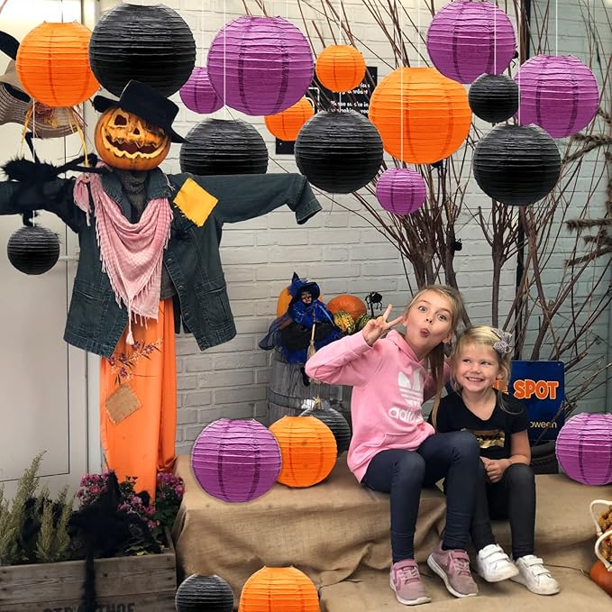 ADLKGG Paper Lanterns Party Decorations, Orange Purple Black Round Hanging Lanterns for Graduation Halloween Thanksgiving Birthday Party Decorations, 21pcs
