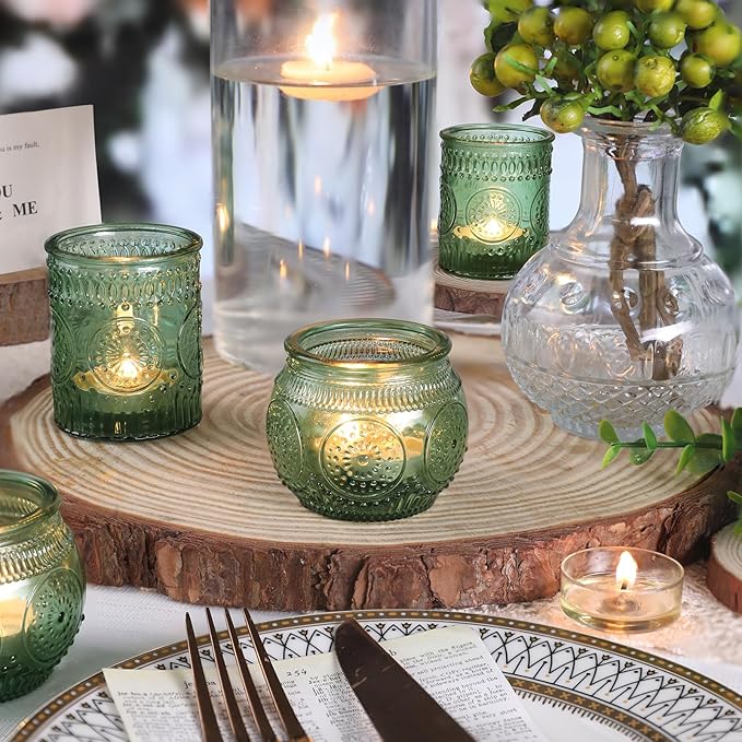 DARJEN 12Pcs Green Votive Candle Holders - Glass Tea Light Candle Holder for Wedding Shower, Candle Holder Bulks for Wedding & Home Table Decor, Vintage Parties Gifts