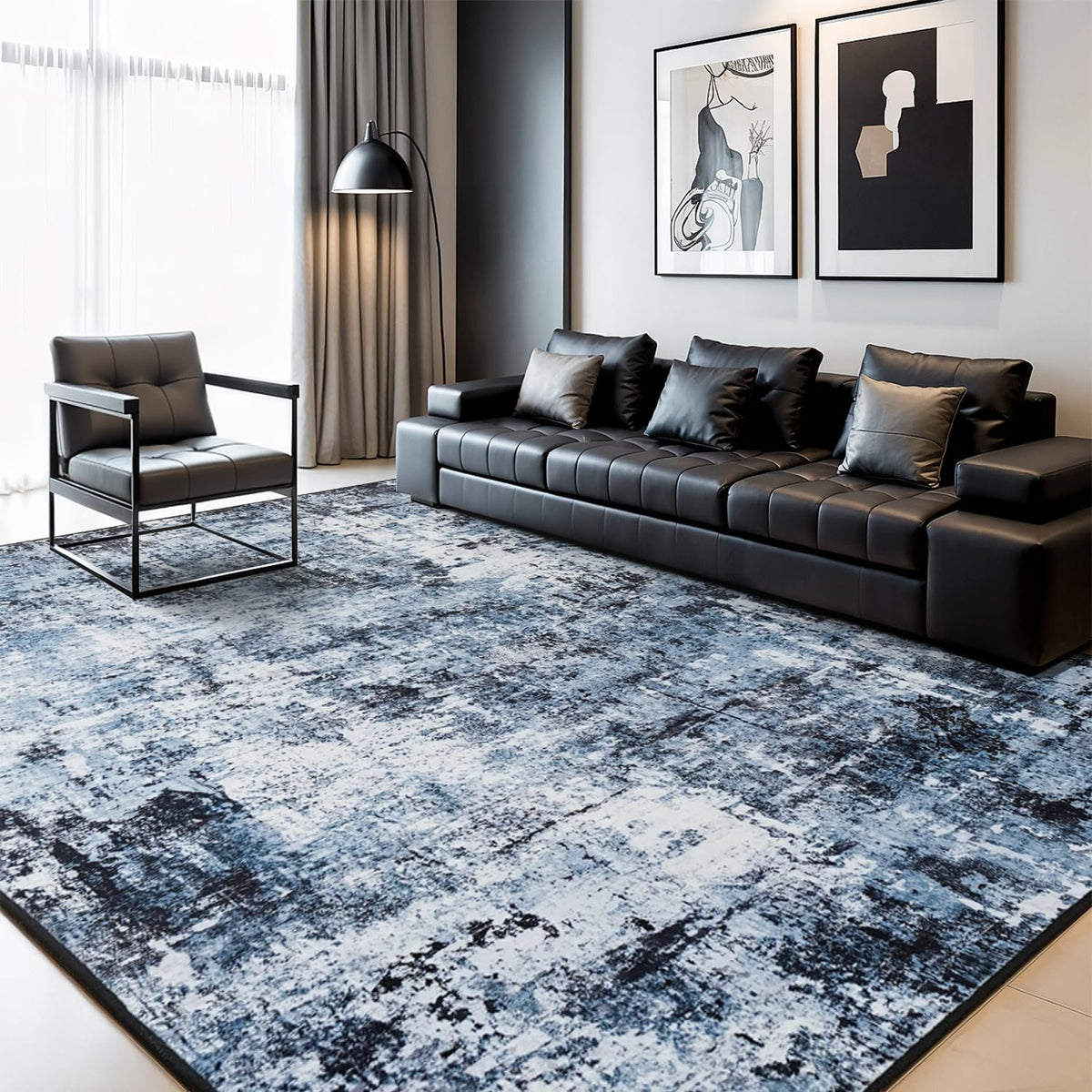 Rugflix 8x10 Area Rug for Living Room, Washable Navy Blue Dark Black Carpet
