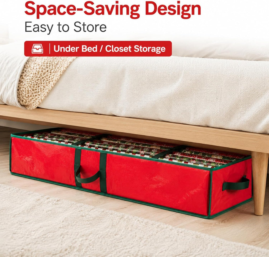 Gift Wrapping Paper Organizer Storage Bag, Wrapping Paper Storage Container Fits Up to 24 Rolls, Waterproof Holiday Gift Wrap Holder with Interior Pockets for Bows, Ribbons & Tags(104×36×16cm) (Red)