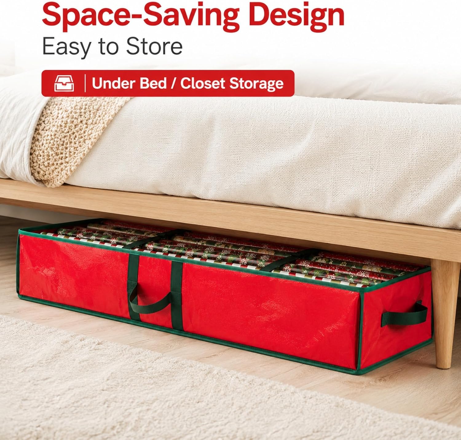 Gift Wrapping Paper Organizer Storage Bag, Wrapping Paper Storage Container Fits Up to 24 Rolls, Waterproof Holiday Gift Wrap Holder with Interior Pockets for Bows, Ribbons & Tags(104×36×16cm) (Red)