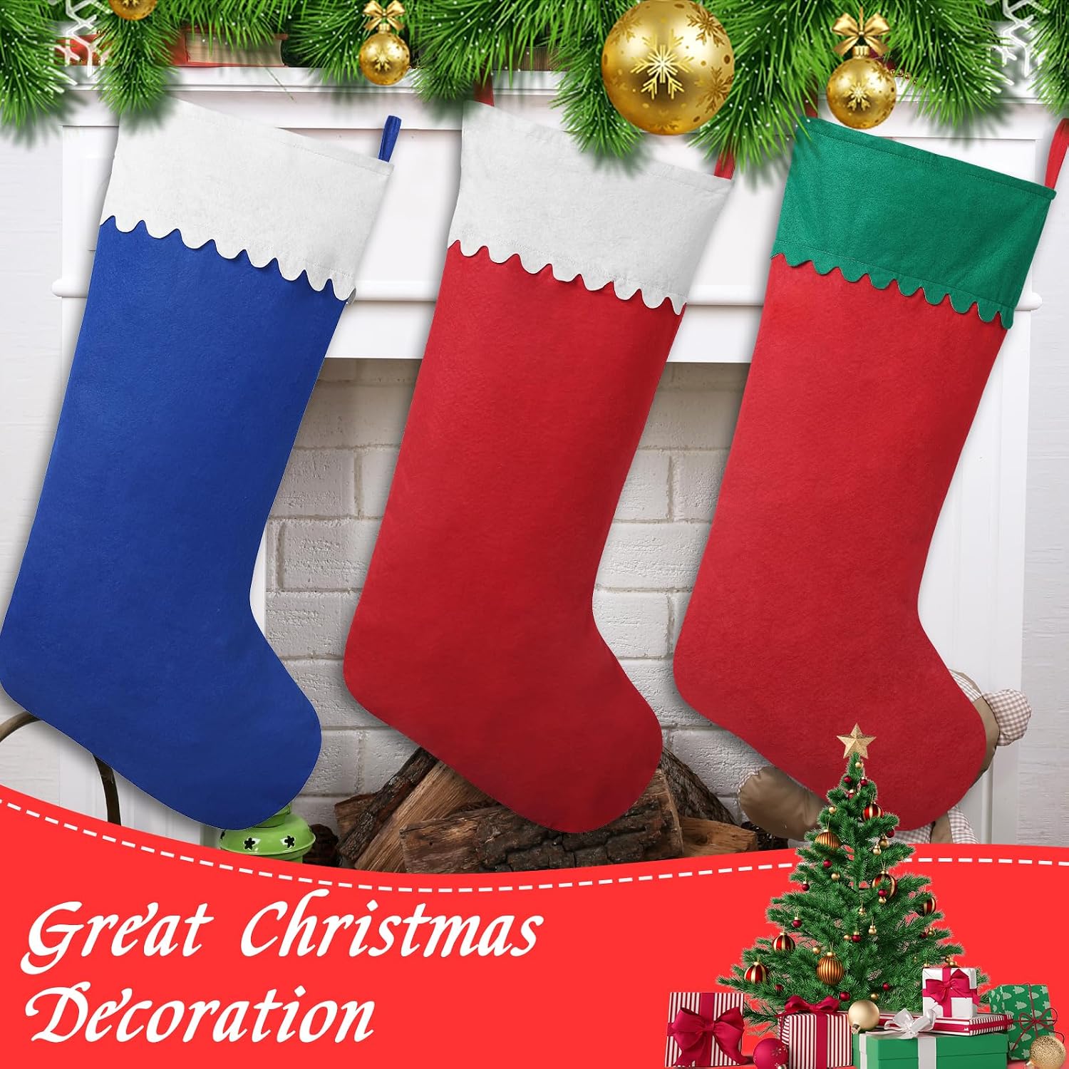 2 Pack Jumbo Felt Christmas Stockings, 38 Inches Large Red and White Felt Christmas Stockings for Xmas Tree Fireplace Hanging Decor and Holiday Party Family Home Decorations