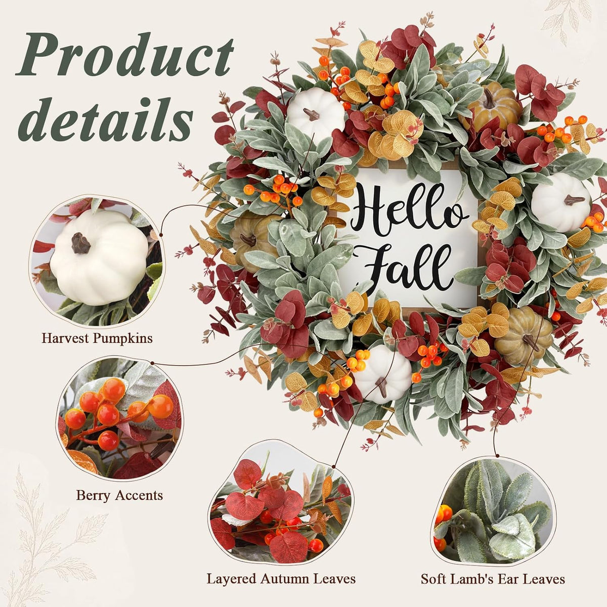 26 inch large fall wreaths for front door, close-up detail