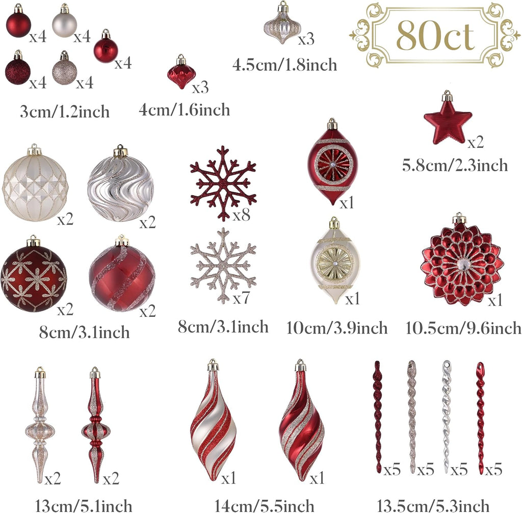 Valery Madelyn Christmas Tree Ornaments Set, 80ct Burgundy and Gold Shatterproof Christmas Tree Decorations Bulk, Luxury Hanging Ball Ornaments for Xmas Trees Holiday Decor