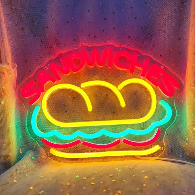 Sandwiches Neon Sign Sandwich Sign Food Neon Signs for Wall Decor, Sandwich Decorate for Home Kitchen Restaurant Store Fast Food Man Cave Party Decor, 12.9" x 9.2"