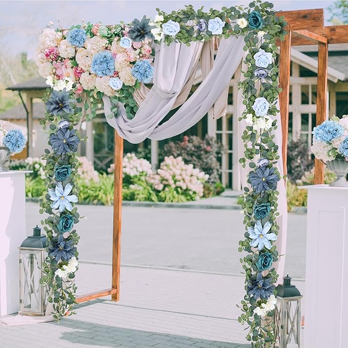 Waipfaru 2Pcs Artificial Eucalyptus Garland with Flowers 6.07Ft, Wedding Table Decorations, Floral Rose Garland for Centerpieces Backdrop Wall Flower Vines for Room Decor (Dusty Blue)