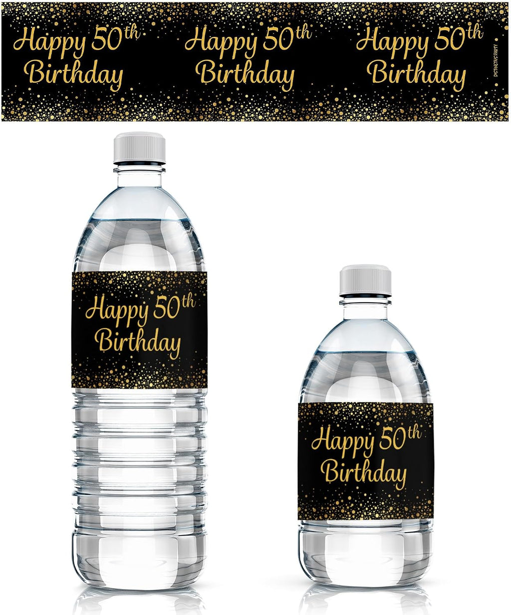 DISTINCTIVS Black and Gold 50th Birthday Water Bottle Labels – 20 Count – Waterproof – 50th Birthday Party Favors for Men and Women