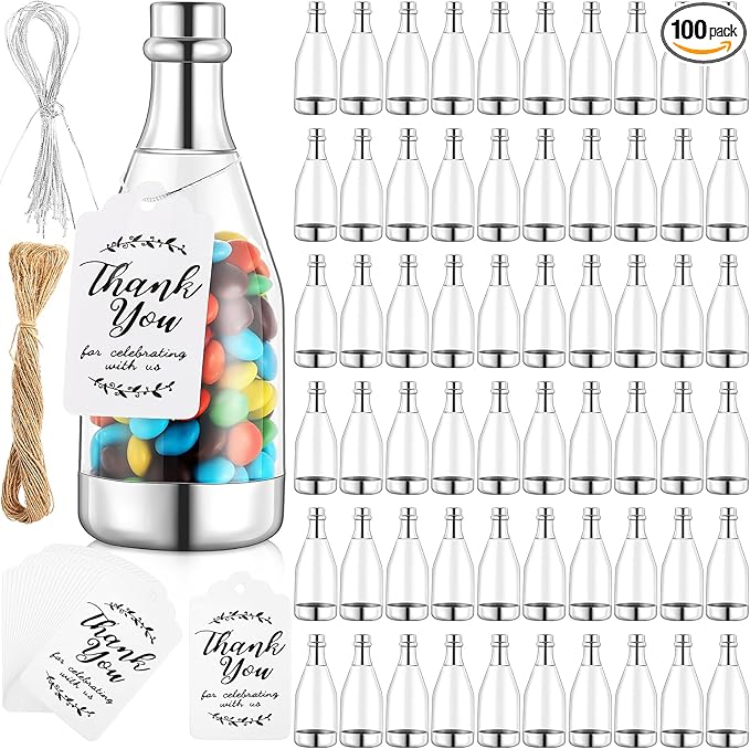 Gerrii 100 Pcs Silver Champagne Bottle Container Set, Mini Champagne Candy Bottles Plastic DIY Favor Candy Jars with Tags Party Favor Containers for Baby Shower Bridal Wedding Birthday Party