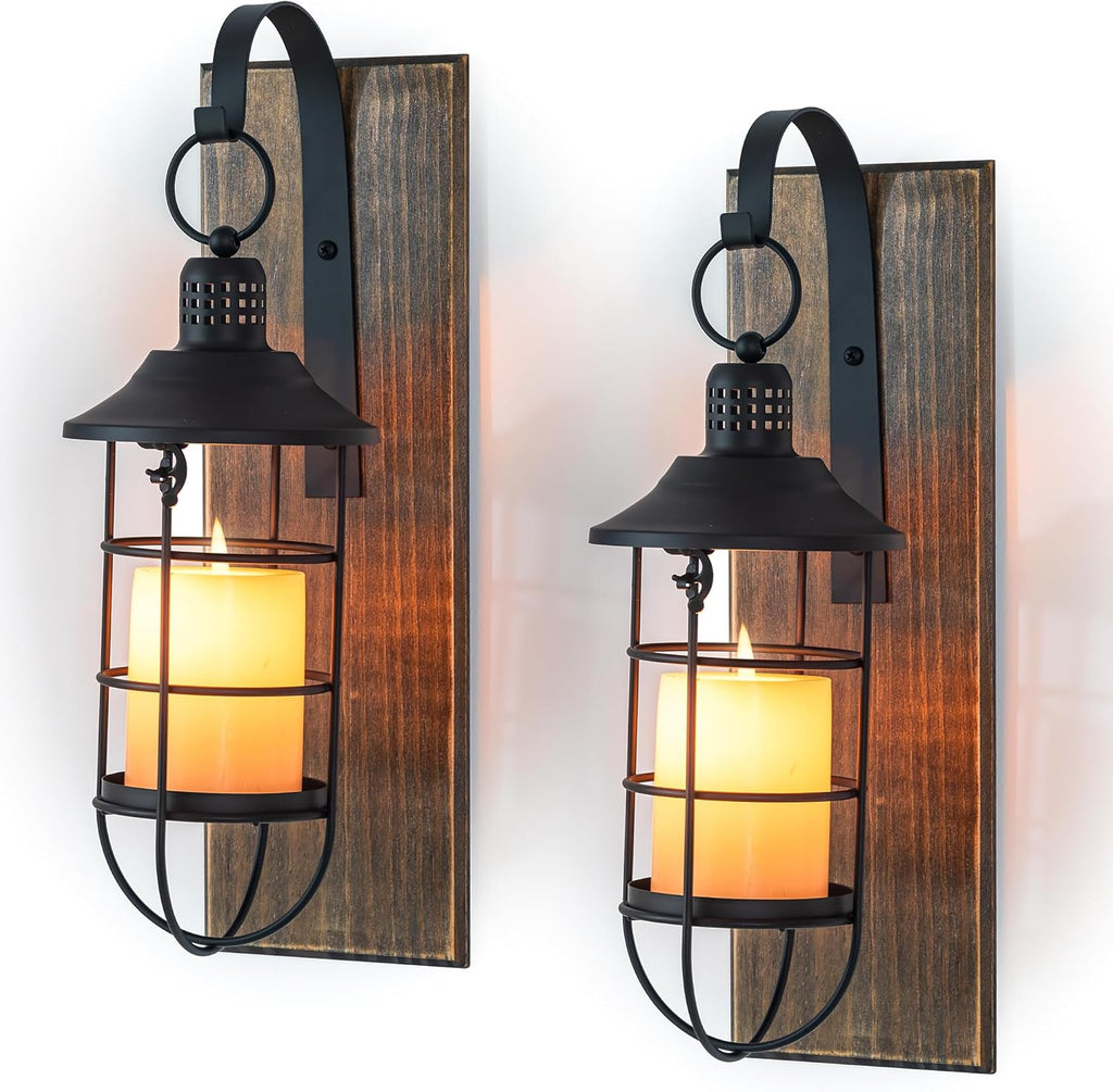 Wall Candle Sconce with Black Lantern, Set of 2 Farmhouse Decor | Candle holders with Distressed Wood Boards, for Front Porch, Living Room, Dining Room, Bedroom or TV wall