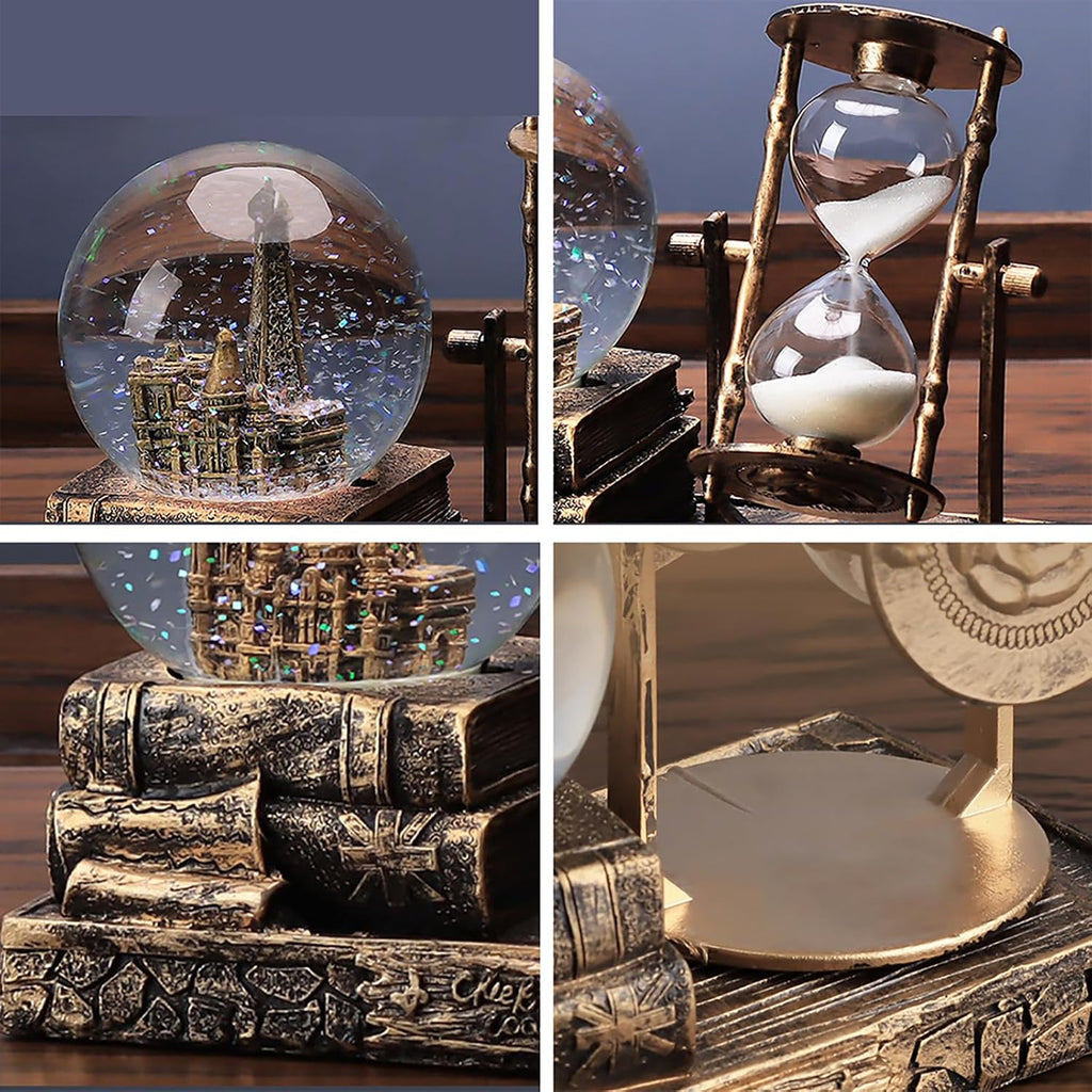 Snow Globe with Hourglass Timer Music LED Light Vintage Resin Paris Eiffel Tower Home Decoration for Living Room Bedroom Book Shelf Office Desk Table Top Decor Fireplace Table Ornaments (A - Brass)