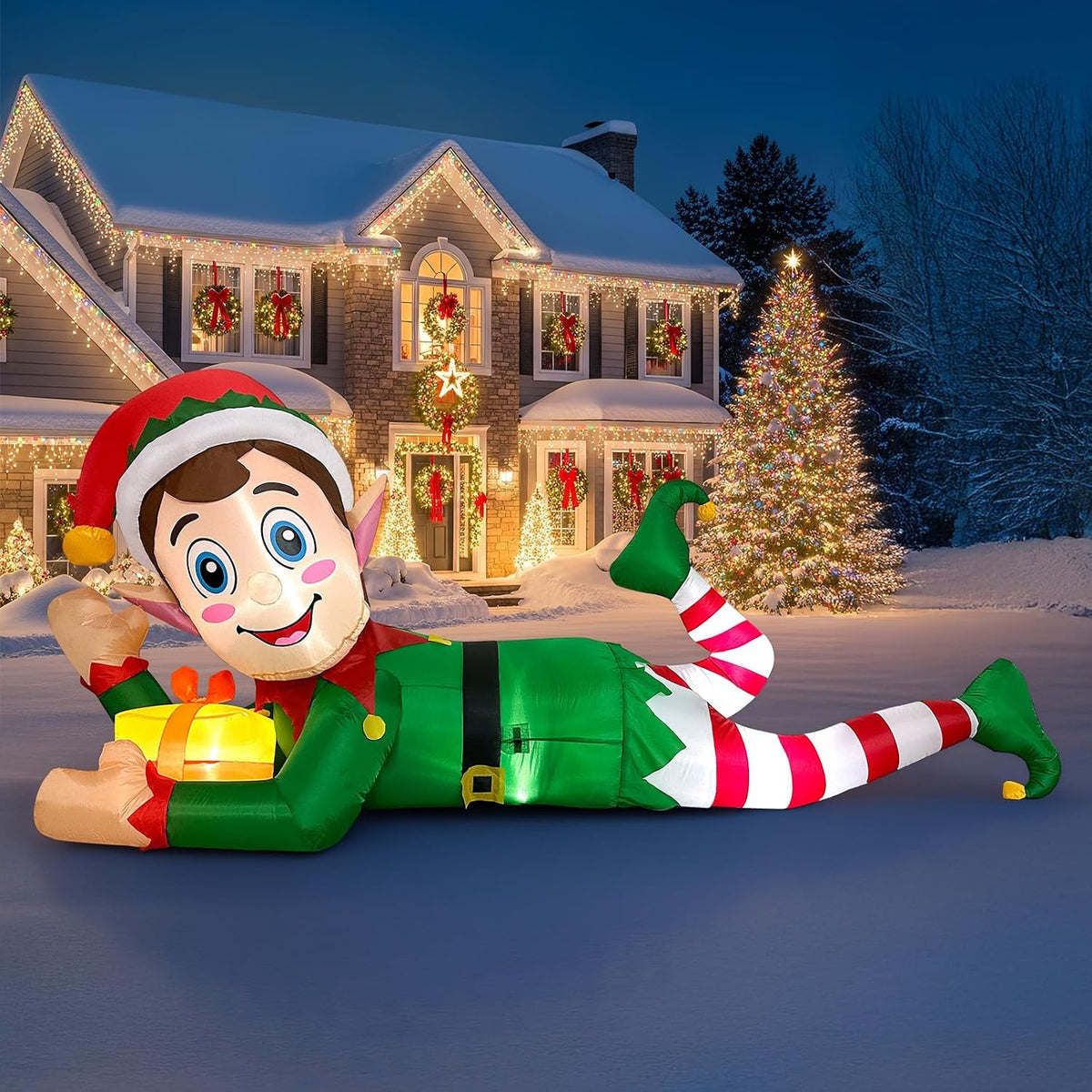 aerwo 10ft christmas inflatable outdoor decoration, giant lying shown in use