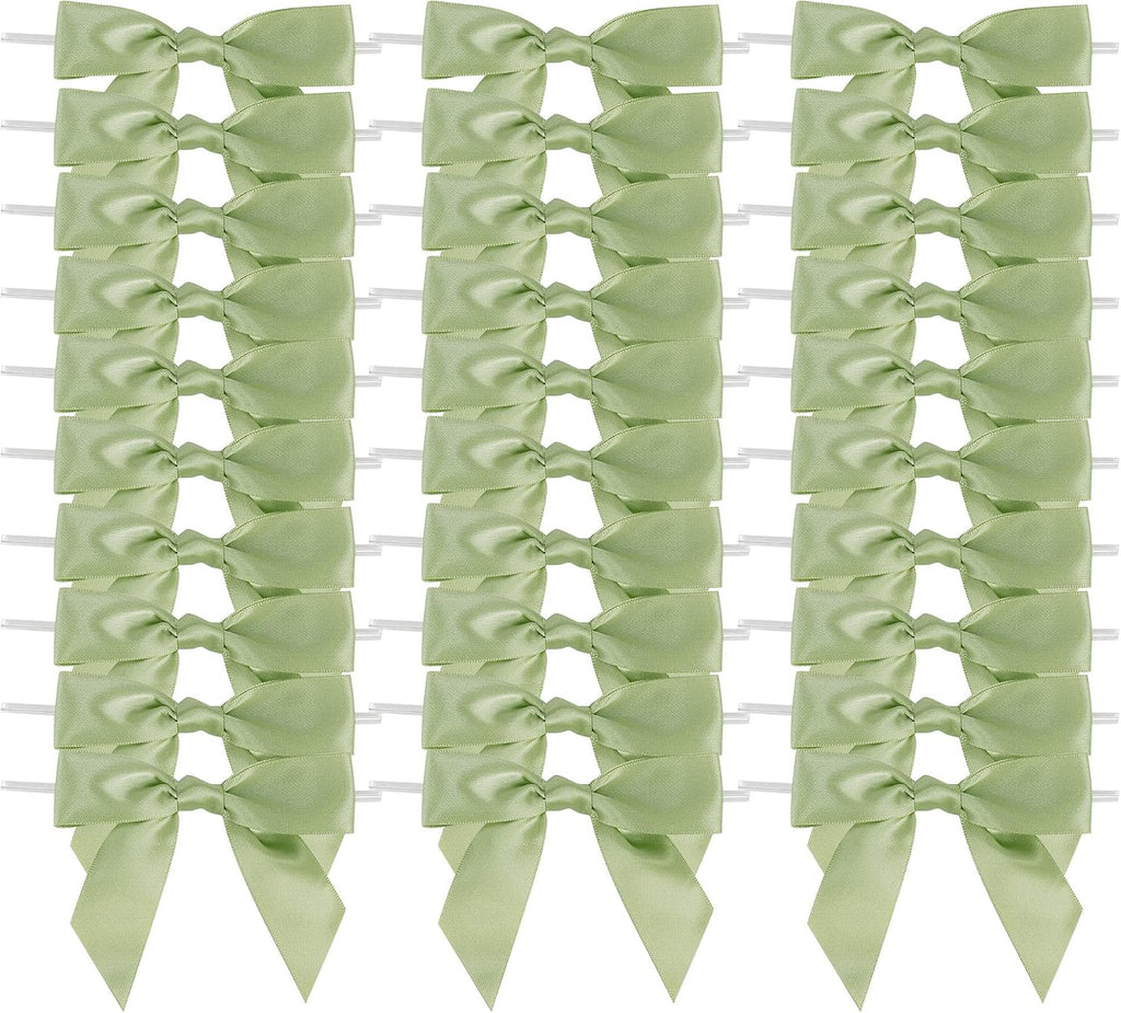 AIMUDI Sage Green Satin Ribbon Twist Tie Bows 3.5" Pretied Bows Premade Bows for Treat Bags Crafts Gift Wrapping Basket Wedding Favors Cookie Candy Bagging Cake Pop Bridal Shower - 50 Counts