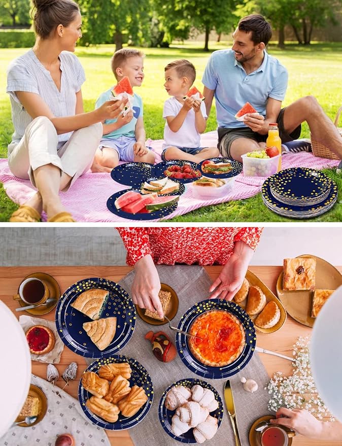 141 Pieces Navy Blue Gold Party Supplies, Party Dinnerware Sets Include Paper Plates Napkins Cups Silverware, for Wedding Bridal Shower Engagement Birthday Parties Decoration -20 Serves