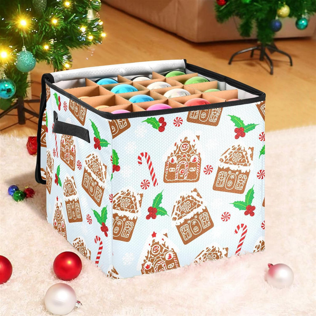 Christmas Gingerbread House Christmas Ornament Storage Box, Hold 64 Holiday Ornament 3”, Adjustable Dividers Handle Zipper Storage Container, Xmas Decoration Accessories