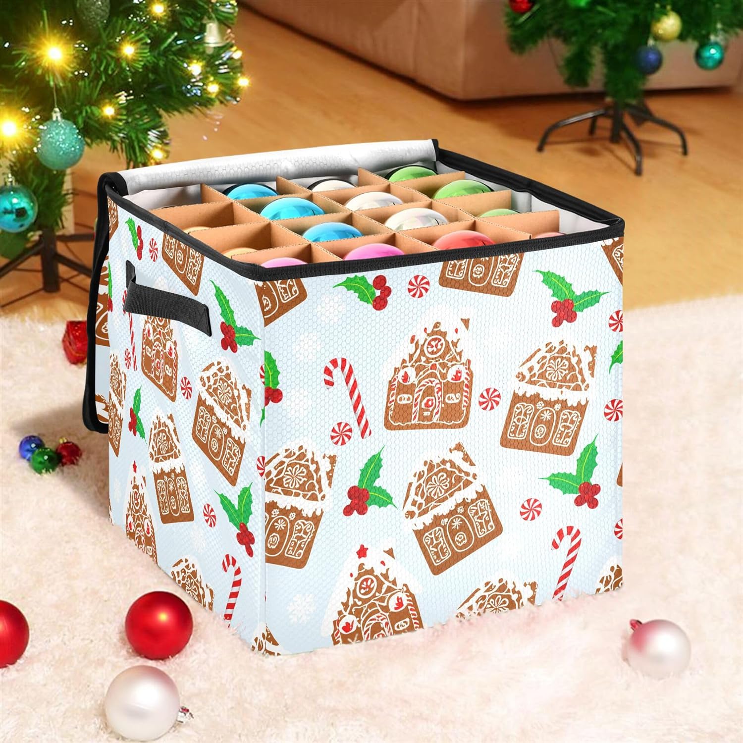 Christmas Gingerbread House Christmas Ornament Storage Box, Hold 64 Holiday Ornament 3”, Adjustable Dividers Handle Zipper Storage Container, Xmas Decoration Accessories