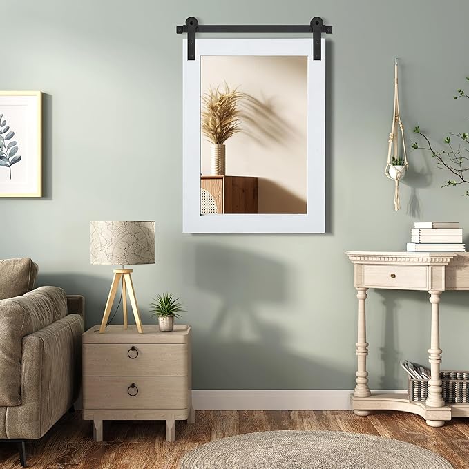 COGOOD Farmhouse Barn Door Mirror - 25 x 38 Rustic Bathroom Mirror for Living Room, Entryway, Vanity Wall Decor (Pure White)