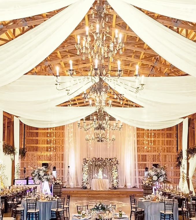 6 Panels Ivory Ceiling Drapes for Wedding 5ftx20ft Chiffon Fabric Arch Draping Curtains Sheer Drapery for Party Ceremony Birthday Baby Shower Reception Stage Swag Ceiling Decorations