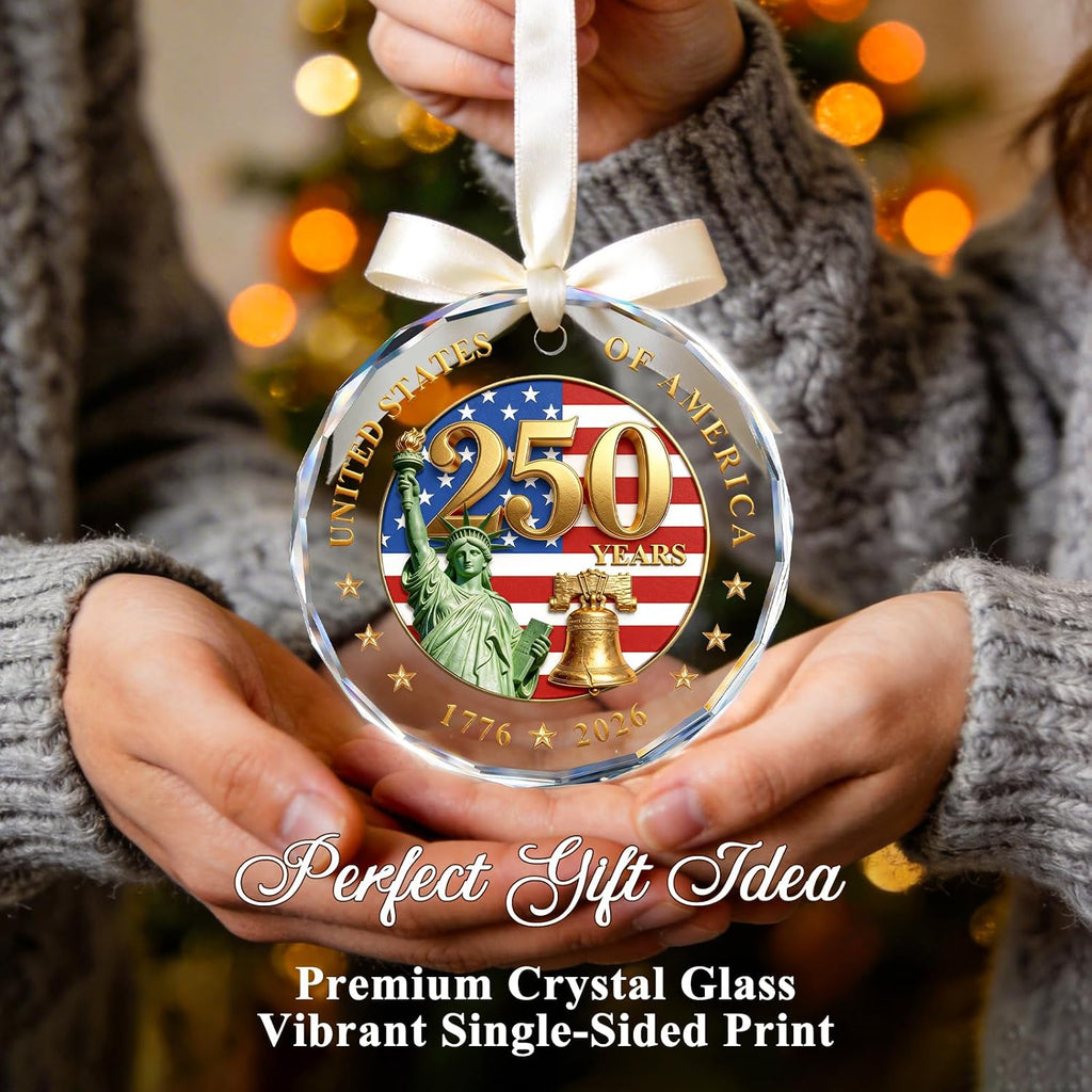 250 Anniversary USA Ornament for 4th of July Decorations - Crystal Glass Patriotic Christmas Ornaments - 1776-2026 Statue of Liberty Bell & US Flag Keepsake for Veterans Day and Holiday Gifting