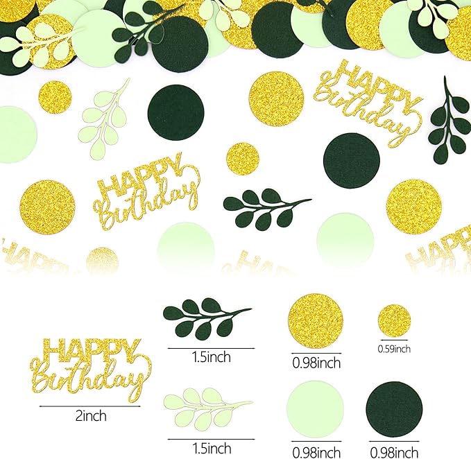 300PC Greenery Happy Birthday Confetti for Table Gold Glitter and Sage Green Birthday Party Decorations for Kids/Adult