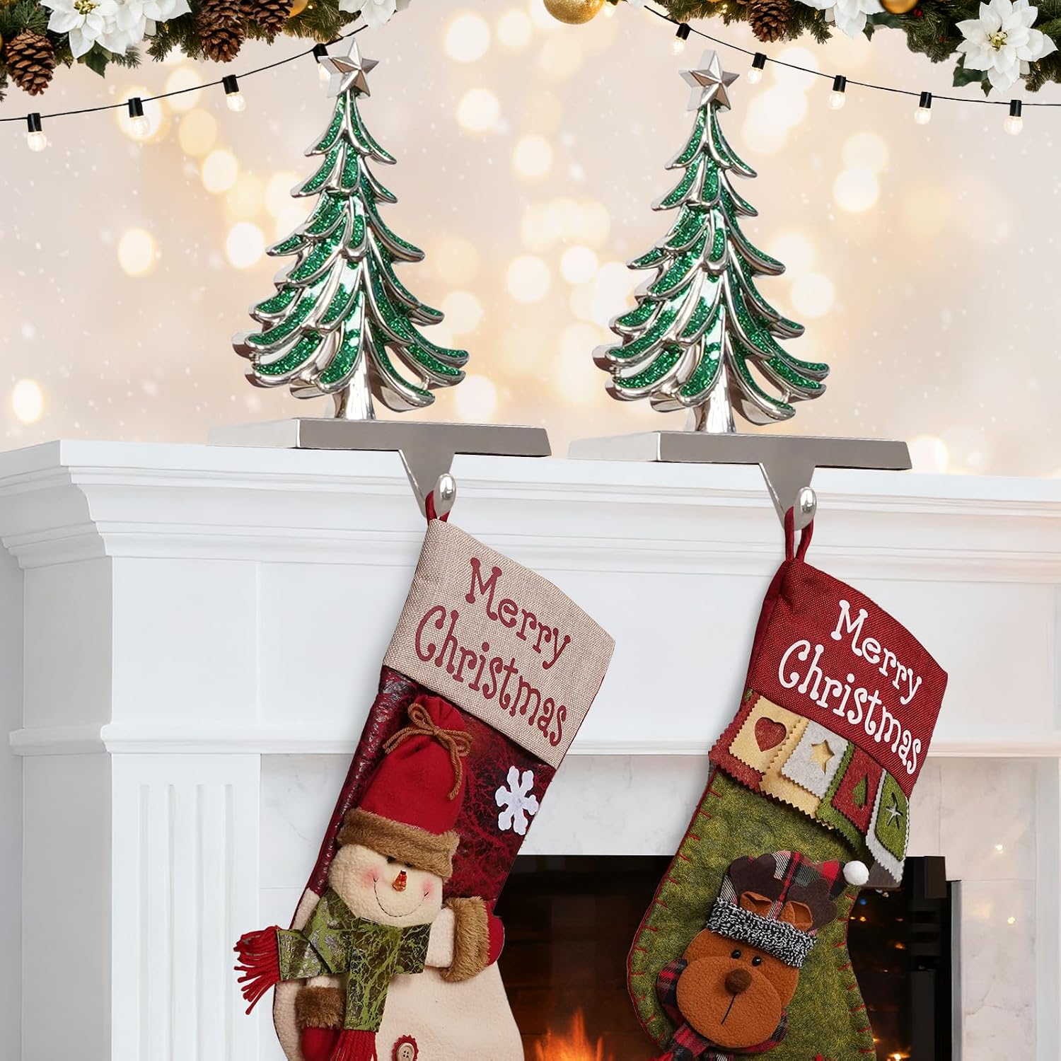 G GOOD GAIN Christmas Stocking Holders for Mantle - Set of 2 Christmas Tree Weighted Stocking Hangers with Non-Slip Base Silver Sturdy Metal Hooks for Fireplace Shelf Counter Holiday Decorations