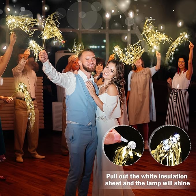 100 Pcs Lighted Wedding Wands LED Tinsel Wands Light up Streamers Sparklers for Wedding Send Off and Exits Birthday Party Props Favors(Gold)