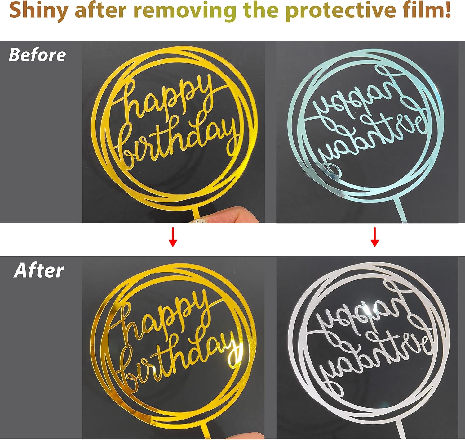 6-Pack Gold Cake Topper Set, Double-Sided Glitter, Acrylic Happy Birthday Cupcake Toppers, Birthday Decorations for Children or Adults.