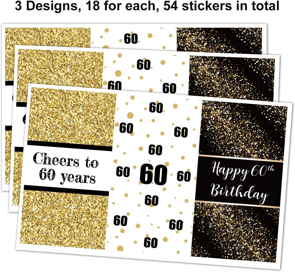 Black & Gold 60th Birthday Party Mini Candy Bar Wrapper Stickers - 60th Birthday Party Favors - Pack of 54