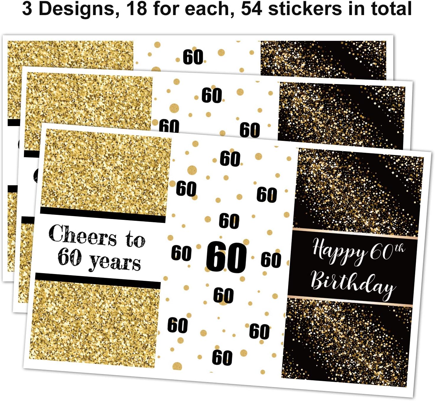 Black & Gold 60th Birthday Party Mini Candy Bar Wrapper Stickers - 60th Birthday Party Favors - Pack of 54